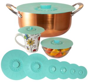 silicone lids extra large teal set of 6 sturdy suction seal covers. universal fit for pots, fry pans, cups, and bowls 5" to 12". natural grip handles interlock for easy use and storage. food safe.