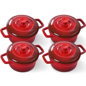 lareina mini cocotte - 12oz ceramic casserole dishes - kitchen casserole sets with handles and lid - small baking ramekins - oven, microwave & dishwasher safe - set of 4 - red
