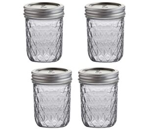 regular mouth quilted crystal jelly mason jars 8 oz - (4 pack) - ball 8-ounce quilted crystal jelly jars with lids and bands - for canning, fermenting, pickling, freezing - glass jar, microwave & dishwasher safe