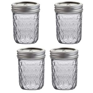 Regular Mouth Quilted Crystal Jelly Mason Jars 8 oz - (4 Pack) - Ball 8-Ounce Quilted Crystal Jelly Jars with Lids and Bands - For Canning, Fermenting, Pickling, Freezing - Glass jar, Microwave & Dishwasher Safe