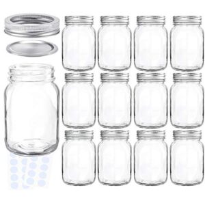 kamota mason jars 18 oz with regular lids and bands, ideal for jam, honey, wedding favors, shower favors, baby foods, diy spice jars, 12 pack, 20 whiteboard labels included