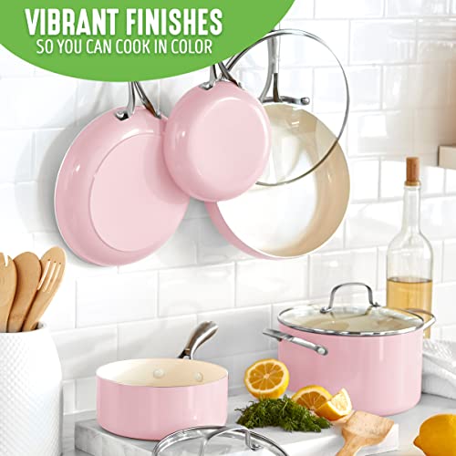 GreenLife Artisan Healthy Ceramic Nonstick, 12 Piece Cookware Pots and Pans Set, Stainless Steel Handle, PFAS-Free, Dishwasher Safe, Oven Safe, Soft Pink