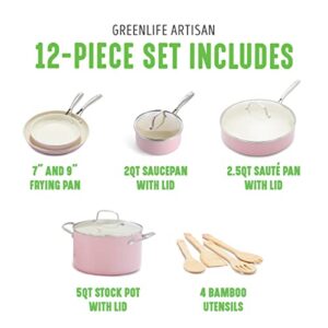 GreenLife Artisan Healthy Ceramic Nonstick, 12 Piece Cookware Pots and Pans Set, Stainless Steel Handle, PFAS-Free, Dishwasher Safe, Oven Safe, Soft Pink