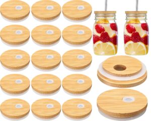 sieral 70mm bamboo jar lids with straw hole for glass cups reusable wooden mason jar lids for beer can cups 2.76inch canning lids with silicone ring for regular mouth drinking jars(20 pcs)