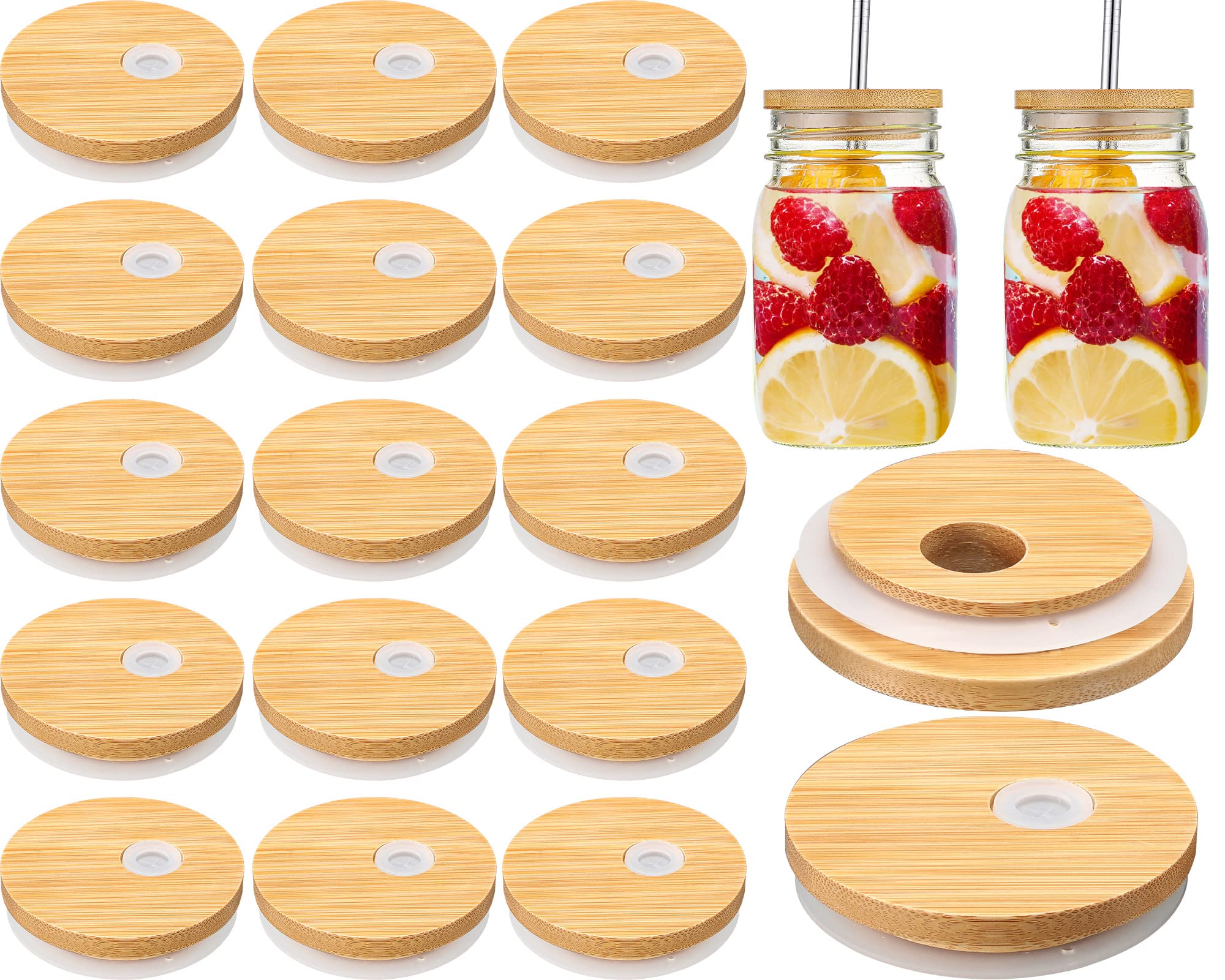 Sieral 70mm Bamboo Jar Lids with Straw Hole for Glass Cups Reusable Wooden Mason Jar Lids for Beer Can Cups 2.76inch Canning Lids with Silicone Ring for Regular Mouth Drinking Jars(20 Pcs)