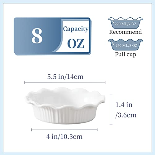 LOVECASA 8 OZ Ceramic Mini Pie Pans, 5.5 Inches Small Pie Dishes Ramekins with Ruffled Edge, Baking Pie Plates for Apple Pie, Quiche, Pot Pies, Tart, Oven and Microwave Safe, White, Set of 6