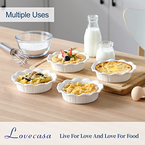 LOVECASA 8 OZ Ceramic Mini Pie Pans, 5.5 Inches Small Pie Dishes Ramekins with Ruffled Edge, Baking Pie Plates for Apple Pie, Quiche, Pot Pies, Tart, Oven and Microwave Safe, White, Set of 6