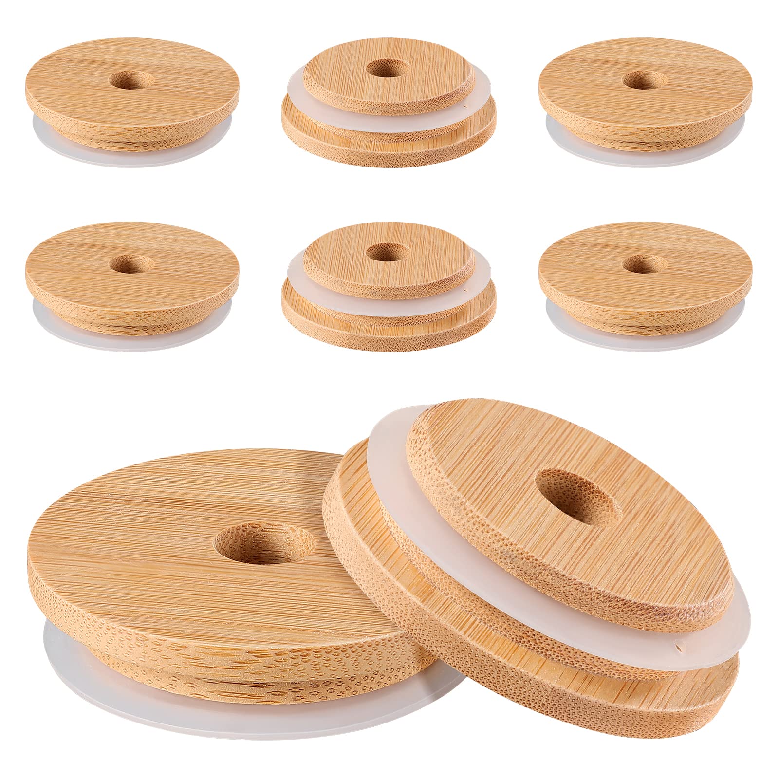 DOITOOL 8pcs Bamboo Jar Lids with Straw Hole Reusable Bamboo Jar Lids for Regular Mouth Mason Jar 70MM