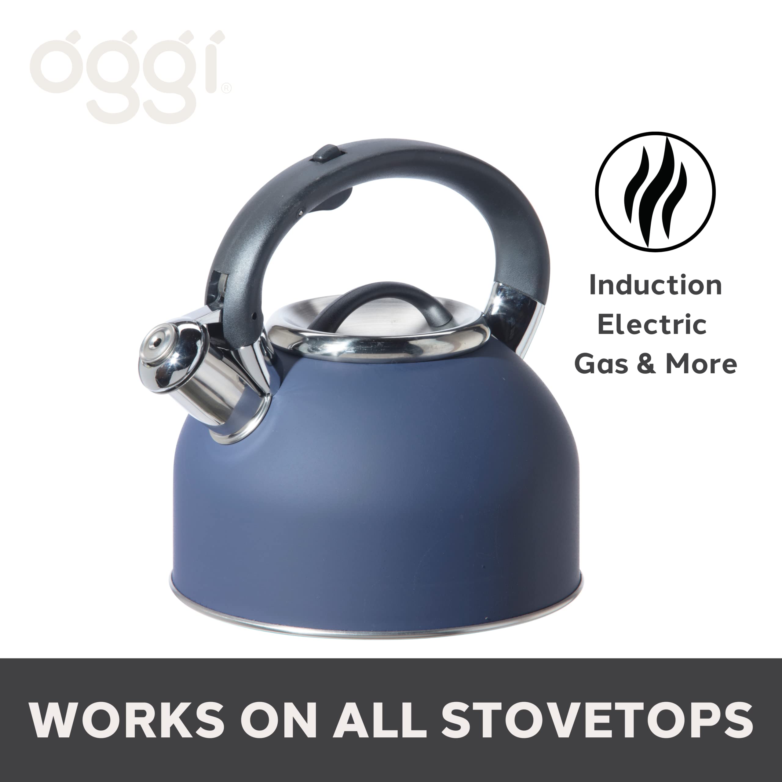 OGGI Tea Kettle for Stove Top - 64oz / 1.9lt, Stainless Steel Kettle with Loud Whistle, Ideal Hot Water Kettle and Water Boiler - Blue