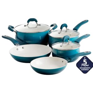oster corbett forged aluminum cookware set with ceramic non-stick-induction base-soft touch bakelite handle and tempered glass lids, 8-piece, gradient teal