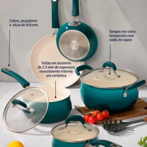 Oster Corbett Forged Aluminum Cookware Set with Ceramic Non-Stick-Induction Base-Soft Touch Bakelite Handle and Tempered Glass Lids, 8-Piece, Gradient Teal