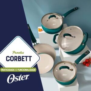 Oster Corbett Forged Aluminum Cookware Set with Ceramic Non-Stick-Induction Base-Soft Touch Bakelite Handle and Tempered Glass Lids, 8-Piece, Gradient Teal