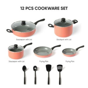 Flamingpan 12 Piece Nonstick Pots and Pans Sets,Kitchen Cookware with Ceramic Coating,Dishwasher Safe,Frying Pan Set with Lid, Induction Pots and Pans with Clearance,Suitable for Any Cooktop