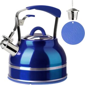 secura whistling tea kettle, 2.3 qt hot water kettle, stainless steel tea pot for stovetops, blue teakettle, tea infuser with silicone handle, silicone trivets mat