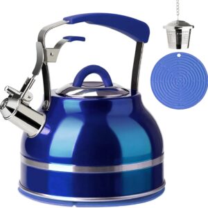 Secura Whistling Tea Kettle, 2.3 Qt Hot Water Kettle, Stainless Steel Tea Pot for Stovetops, Blue Teakettle, Tea Infuser with Silicone Handle, Silicone Trivets Mat