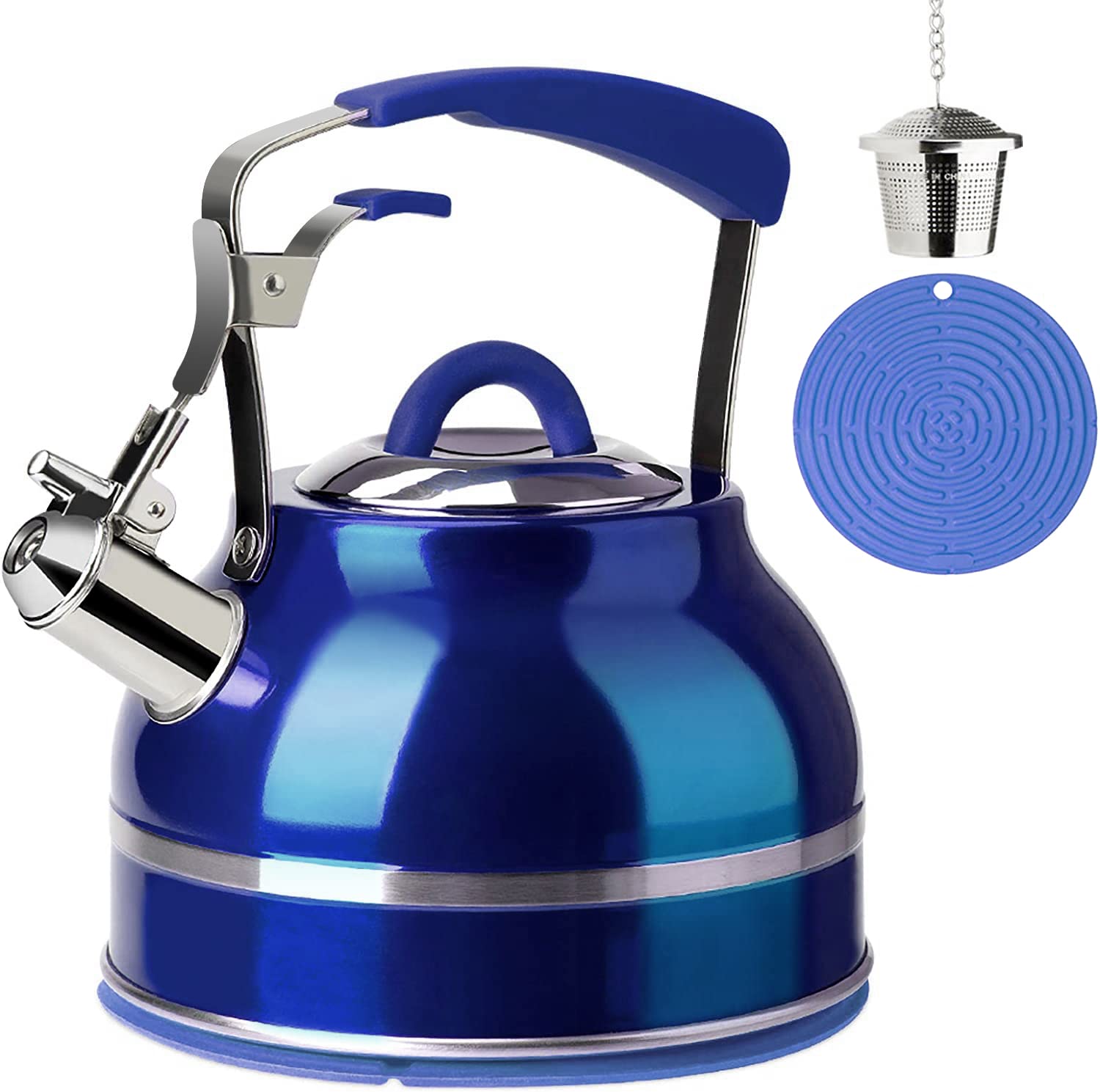 Secura Whistling Tea Kettle, 2.3 Qt Hot Water Kettle, Stainless Steel Tea Pot for Stovetops, Blue Teakettle, Tea Infuser with Silicone Handle, Silicone Trivets Mat