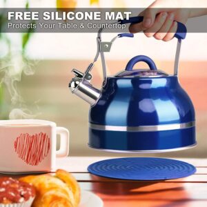 Secura Whistling Tea Kettle, 2.3 Qt Hot Water Kettle, Stainless Steel Tea Pot for Stovetops, Blue Teakettle, Tea Infuser with Silicone Handle, Silicone Trivets Mat