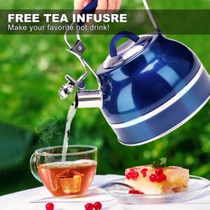 Secura Whistling Tea Kettle, 2.3 Qt Hot Water Kettle, Stainless Steel Tea Pot for Stovetops, Blue Teakettle, Tea Infuser with Silicone Handle, Silicone Trivets Mat