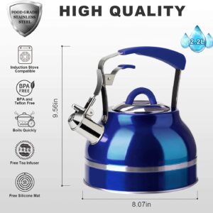 Secura Whistling Tea Kettle, 2.3 Qt Hot Water Kettle, Stainless Steel Tea Pot for Stovetops, Blue Teakettle, Tea Infuser with Silicone Handle, Silicone Trivets Mat