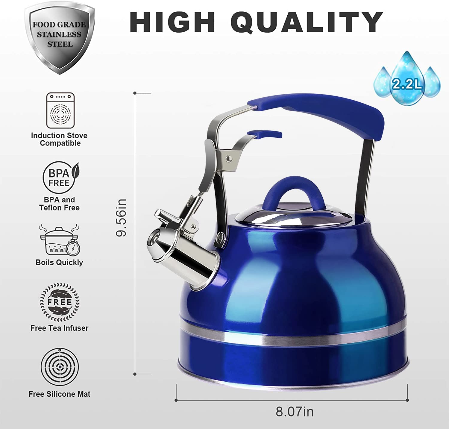 Secura Whistling Tea Kettle, 2.3 Qt Hot Water Kettle, Stainless Steel Tea Pot for Stovetops, Blue Teakettle, Tea Infuser with Silicone Handle, Silicone Trivets Mat