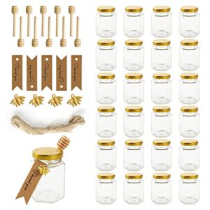 rormket 12 pack 4oz glass hexagon honey jars golden lids - extra wooden honey dipper sticks, bee charms, tag string, thank you gift tags, wedding favors gifts, baby shower party canning jar(golden)