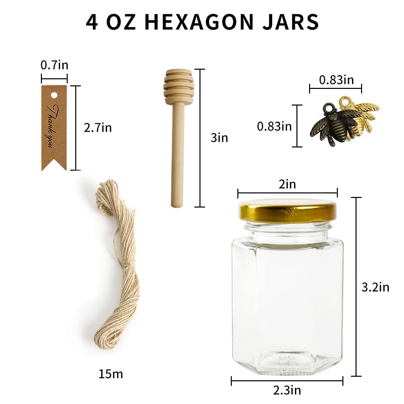 Rormket 12 Pack 4oz Glass Hexagon Honey Jars Golden Lids - Extra Wooden Honey Dipper Sticks, Bee Charms, Tag String, Thank You Gift Tags, Wedding Favors Gifts, Baby Shower Party Canning Jar(Golden)
