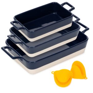 casserole dish set - 3 ceramic baking dishes for oven with silicone oven mitt - rectangular bakeware is microwave, freezer and dishwasher safe - cooks evenly and saves space with nesting design