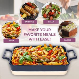 Casserole Dish Set - 3 Ceramic Baking Dishes for Oven with Silicone Oven Mitt - Rectangular Bakeware is Microwave, Freezer and Dishwasher Safe - Cooks Evenly and Saves Space with Nesting Design