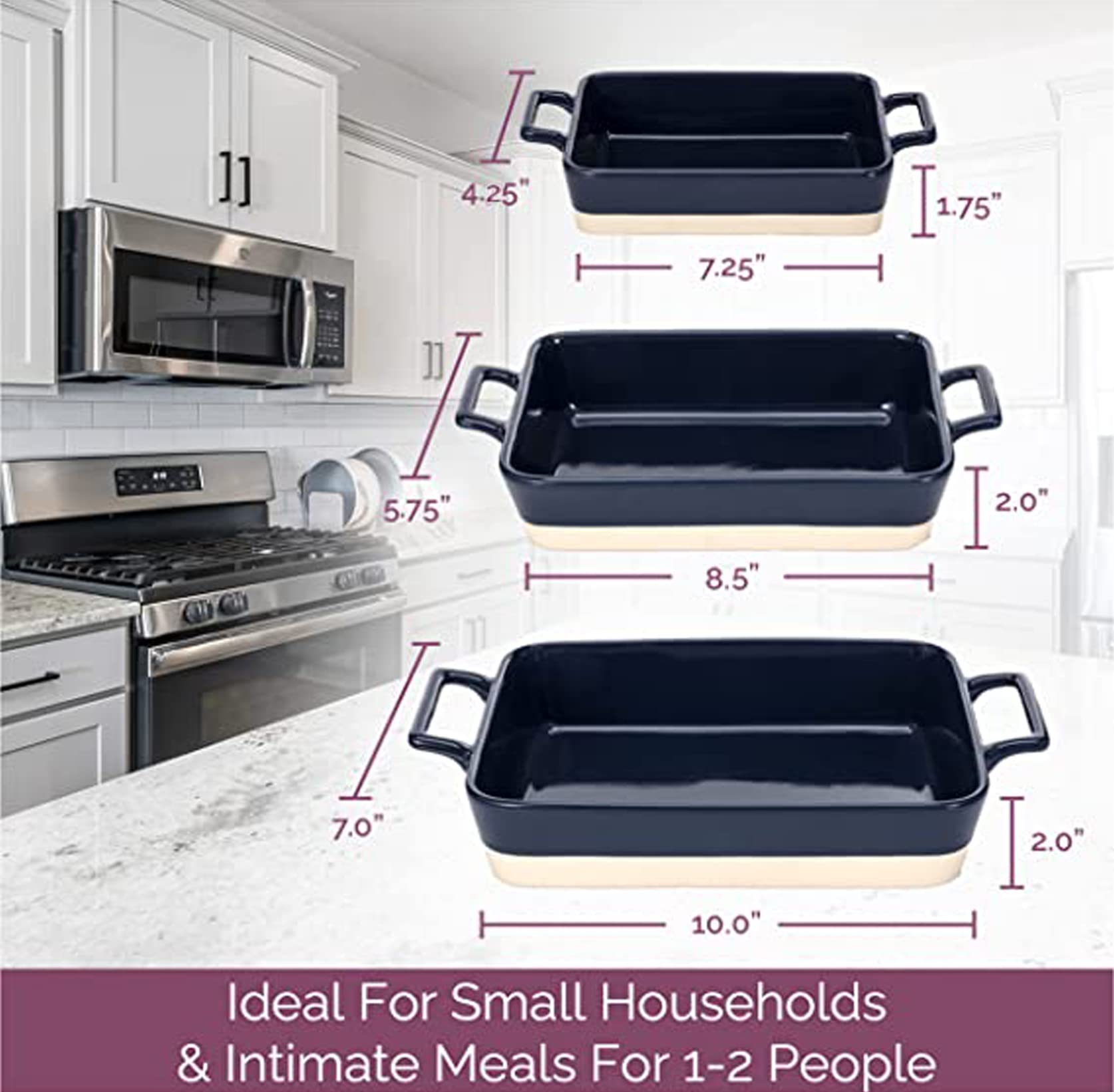 Casserole Dish Set - 3 Ceramic Baking Dishes for Oven with Silicone Oven Mitt - Rectangular Bakeware is Microwave, Freezer and Dishwasher Safe - Cooks Evenly and Saves Space with Nesting Design