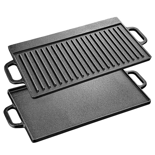 Velaze Cast Iron Reversible Griddle, Grill Pan Griddle Grill with Dual Handles,20Inchx9 inch,Black