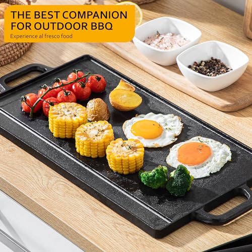 Velaze Cast Iron Reversible Griddle, Grill Pan Griddle Grill with Dual Handles,20Inchx9 inch,Black