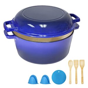 enameled 2in1 cast iron dutch oven pot with grill lid – 5 quart dutch oven with lid cast iron, 8pc accessories set, never needs seasoning, cobalt blue enamel dutch oven for cooking & baking