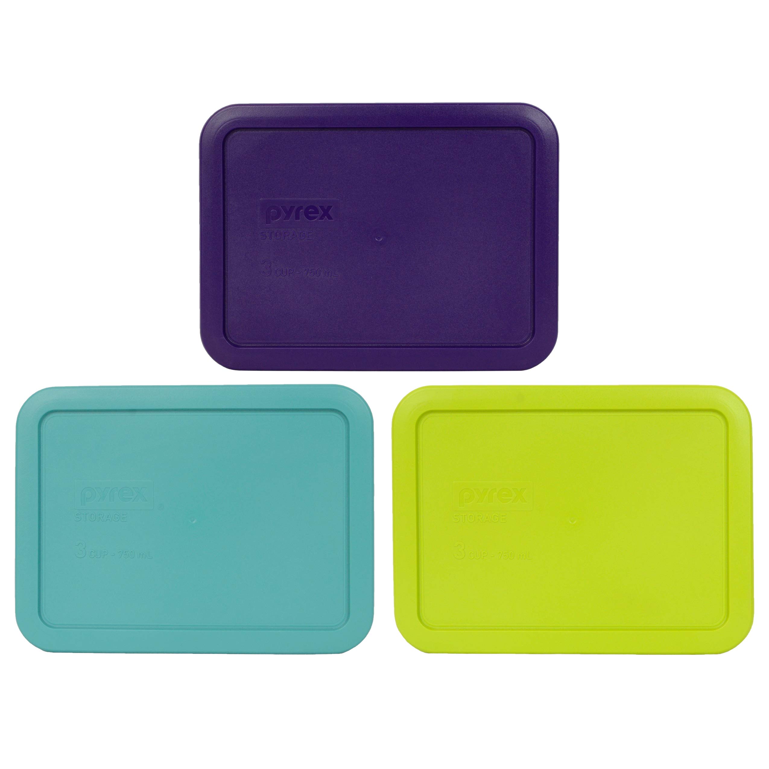 Pyrex (1) 7210-PC 3-Cup Purple Lid, (1) 7210-PC 3-Cup Turquoise Lid, and (1) 7210-PC 3-Cup Green Edamame Lid - Made in the USA