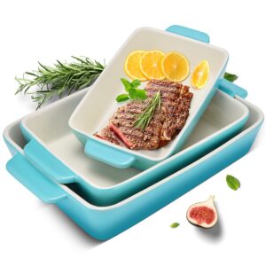 3piece casserole dish ceramic baking dish rectangular baking dishes for oven ceramic bakeware with handles durable nonstick large lasagna pan for cooking, baking, 10'' x 7'', gradient skyblue