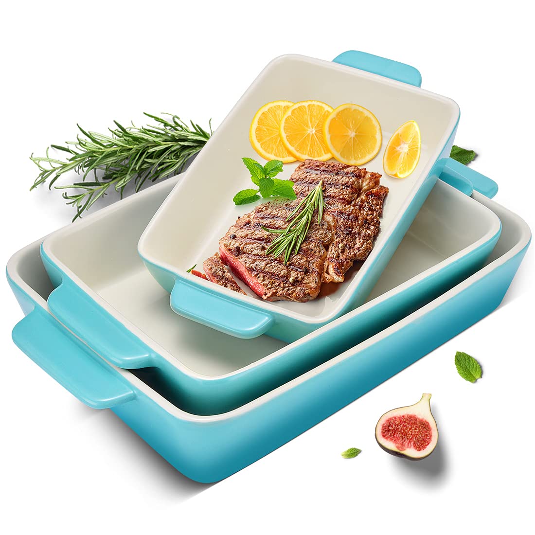 3Piece Casserole Dish Ceramic Baking Dish Rectangular Baking Dishes for Oven Ceramic Bakeware with Handles Durable Nonstick Large Lasagna Pan for Cooking, Baking, 10'' x 7'', Gradient SkyBlue