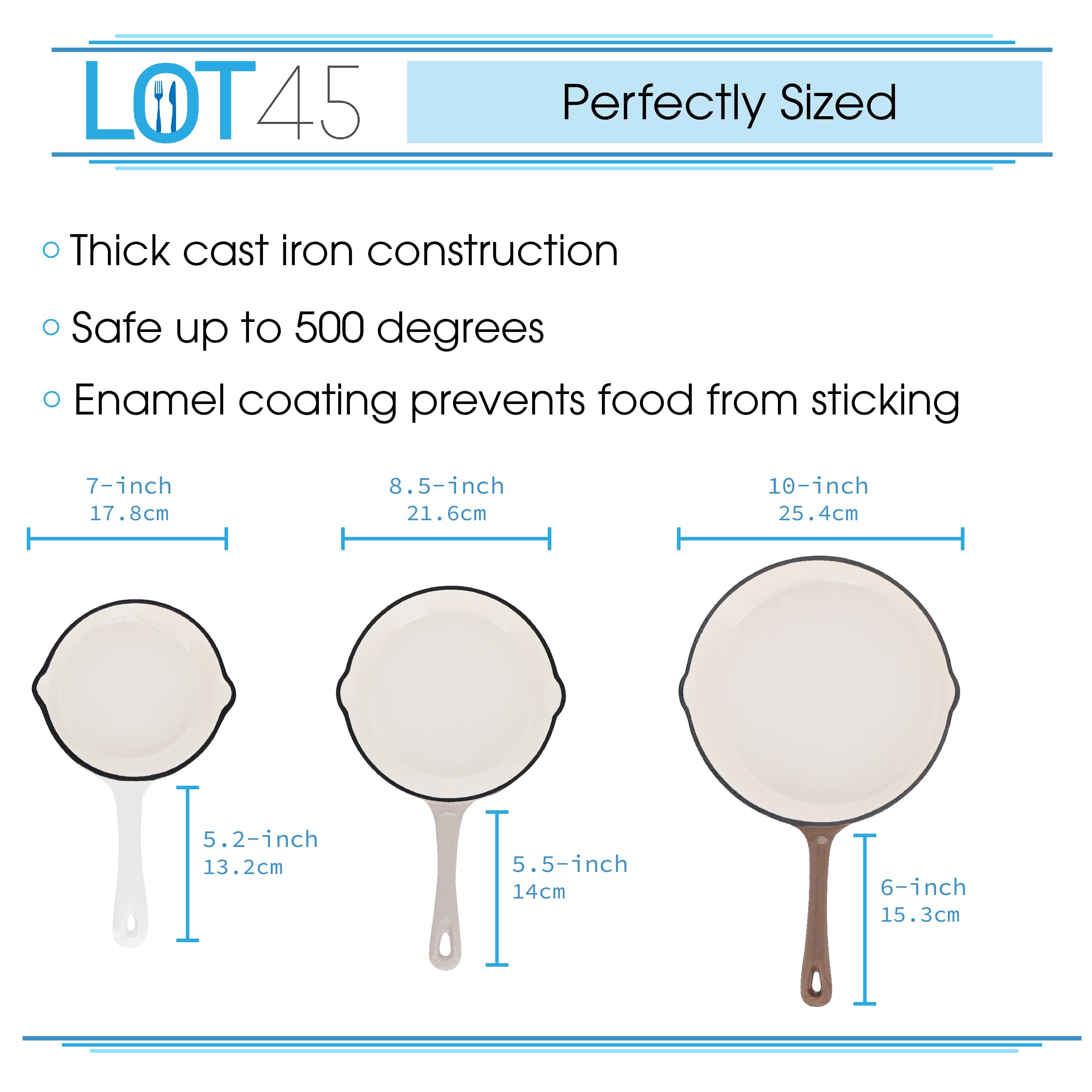 Lot45 Enameled Cast Iron Cookware Set - 3 Piece Non-Stick Ceramic Coated Cast Iron Skillets Stove and Oven Safe Pan Set for Cooking - Heavy Duty Easy Care Glazed Cast Iron