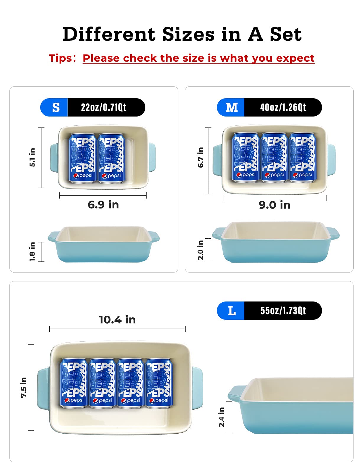 3Piece Casserole Dish Ceramic Baking Dish Rectangular Baking Dishes for Oven Ceramic Bakeware with Handles Durable Nonstick Large Lasagna Pan for Cooking, Baking, 10'' x 7'', Gradient SkyBlue