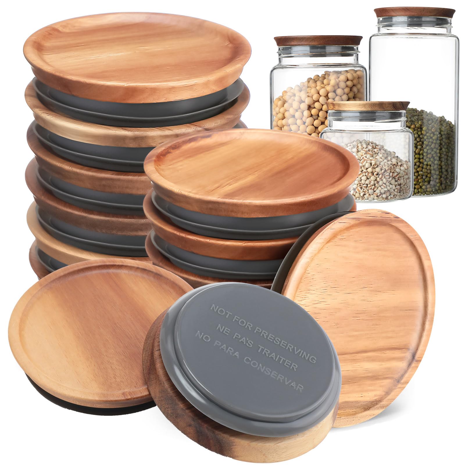 Zopeal 12 Pcs Wide Mouth Wooden Mason Jar Lids Reusable Canning Lids Wooden Mason Jar Lids with Airtight Silicone Seal for Wide Mouth Mason Jar Kitchen Storage