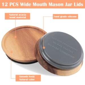 Zopeal 12 Pcs Wide Mouth Wooden Mason Jar Lids Reusable Canning Lids Wooden Mason Jar Lids with Airtight Silicone Seal for Wide Mouth Mason Jar Kitchen Storage