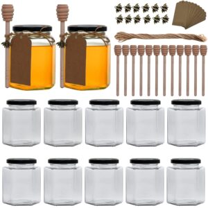 woaiwo-q clear hexagon glass jars, 12 oz 12 pack hexagon glass honey jars with black lids,wooden honey sticks,bronzy bee pendants,big tags,15m jute twine, glass jars for honey,liquid and more