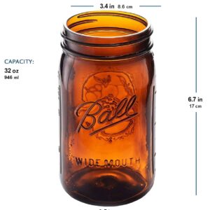 Ball Elite Collection Amber Glass Wide Mouth Mason Jar (32 oz/Quart) Amber Canning Jar - UV light Protection - Microwave & Dishwasher Safe, 1 Jar (No Lid or Band)