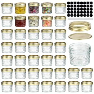 mcupper 4oz mini mason jars,set of 40 quilted crystal style canning jars with gold lids and bands, regular mouth glass jars for honey, jelly, jams-40 black labels,1 chalk marker included