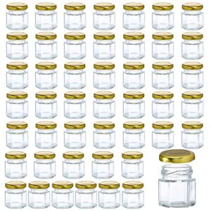 tinqee 48 pack 1.5oz hexagon glass jars with golden metal lids, mini canning jars for honey, jam, jelly, wedding party favors, gifts and crafts