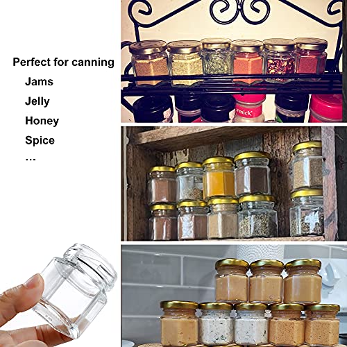 TinQee 48 Pack 1.5oz Hexagon Glass Jars with Golden Metal Lids, Mini Canning Jars for Honey, Jam, Jelly, Wedding Party Favors, Gifts and Crafts