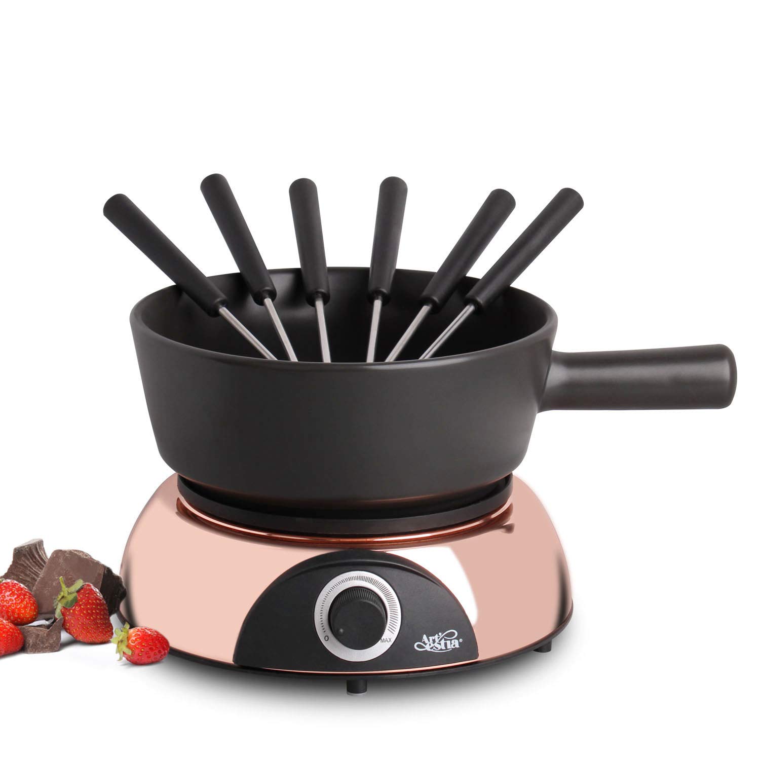 Artestia 2-QT Electric Fondue Pot for Chocolate Cheese, 1500W Oil Fondue Pot Set with Adjustable Temperature, 6 Fondue Forks, Black Ceramic Pot with Rose-Gold Base