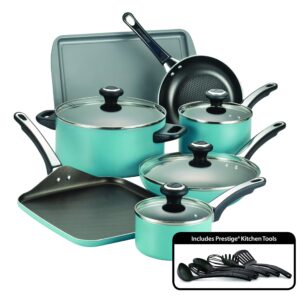 farberware high performance nonstick cookware pots and pans set dishwasher safe, 17 piece, aqua