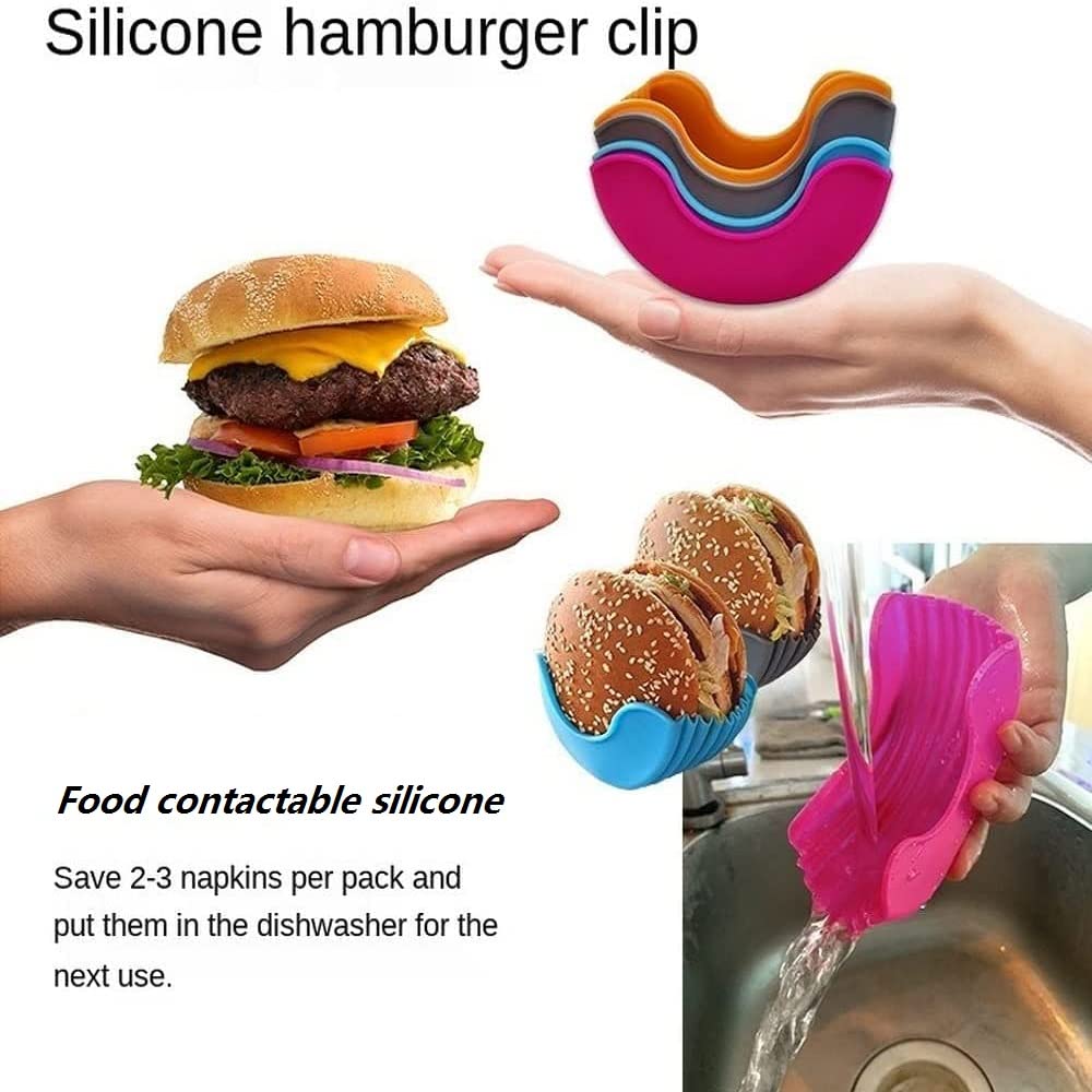 YFEIQI Contact-Free Burger Holder Clip, Retractable-Reusable-Washable Food Grade Silicone Hamburger/Sandwich Clip, Burger Holder Box