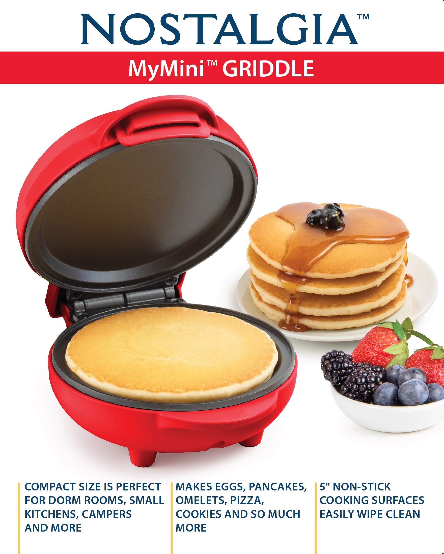 Nostalgia MyMini Griddle compact size for dorms, small kitchens 5 Inch Non stick cooking surfaces easily wipe clean