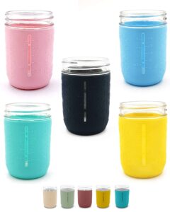 minliving silicone mason jar sleeve, kids cup holder 5 pack value combo anti-slip protection - fits 8oz regular mouth jelly canning, ball and kerr jars (5, multicolor) (colorful combo)