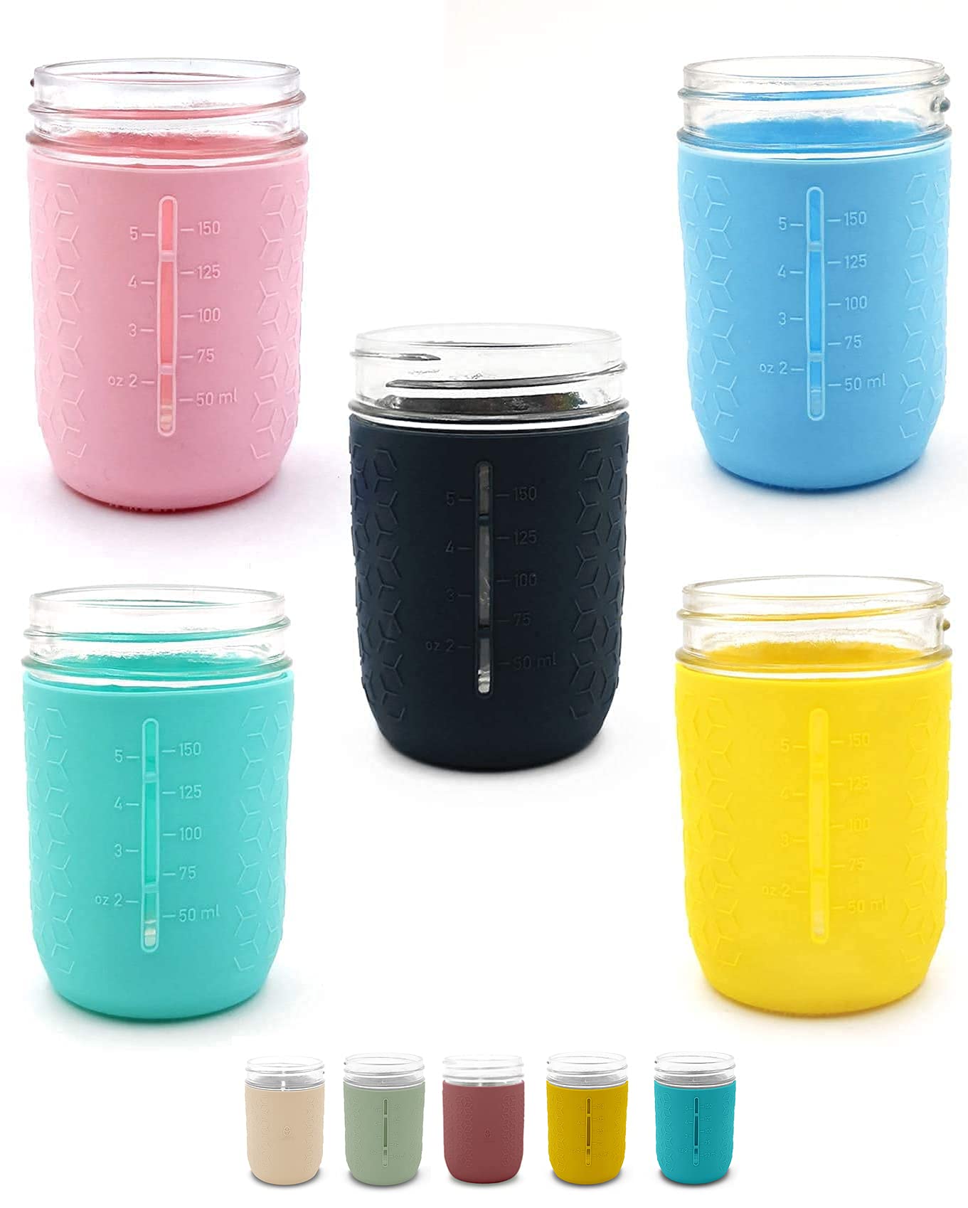 minliving Silicone Mason Jar Sleeve, Kids Cup Holder 5 Pack Value Combo Anti-slip protection - Fits 8oz REGULAR mouth Jelly Canning, Ball and Kerr Jars (5, Multicolor) (Colorful Combo)